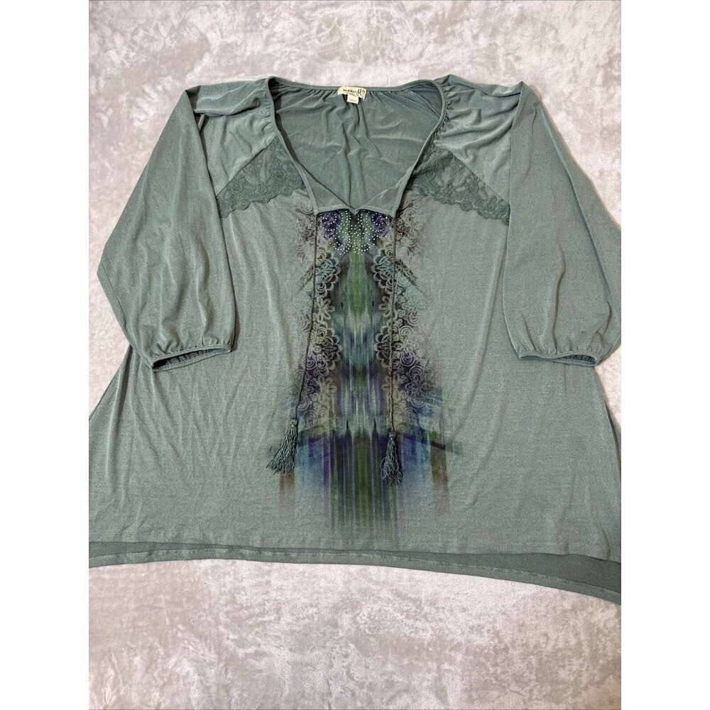 Women’s One World Blouse Green Lace 3/4 Sleeves Plus 3X